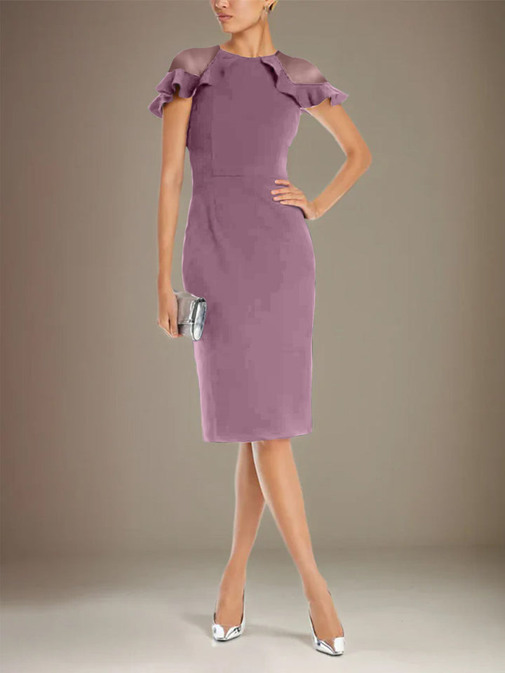 Sheath Dress with Column Stretch Crepe, Scoop Neck, Short Sleeves, Knee Length