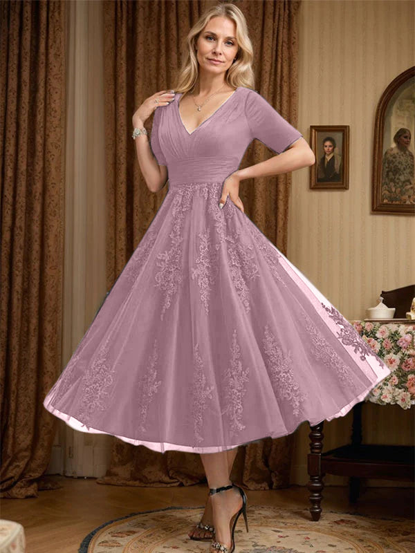 A-Line V-Neck Tea-Length Tulle Lace Mother of the Bride Dress with Pleats