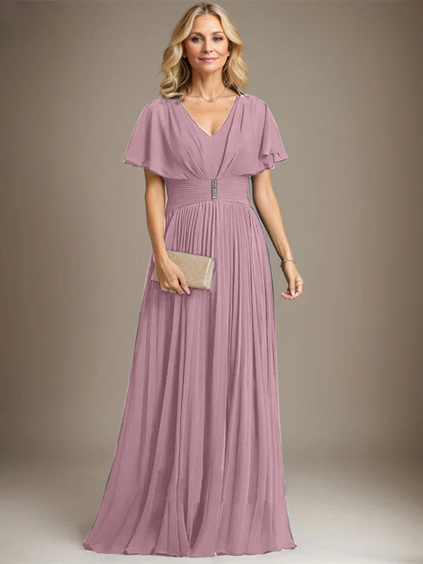 A-Line V-Neck Floor-Length Chiffon Mother of the Bride Dress with Crystal Brooch and Pleated Design