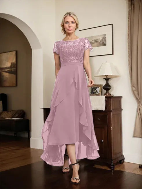 A-Line Scoop Neck Illusion Asymmetrical Chiffon Lace Mother of the Bride Dress with Bow, Ruffle, and Sequins