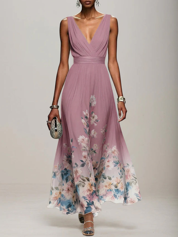 Light Blue Floral Chiffon V-Neck Sleeveless A-Line Maxi Dress