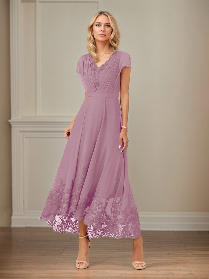 A-Line V-Neck Flutter Sleeve Chiffon Dress with Appliques and Ankle Length