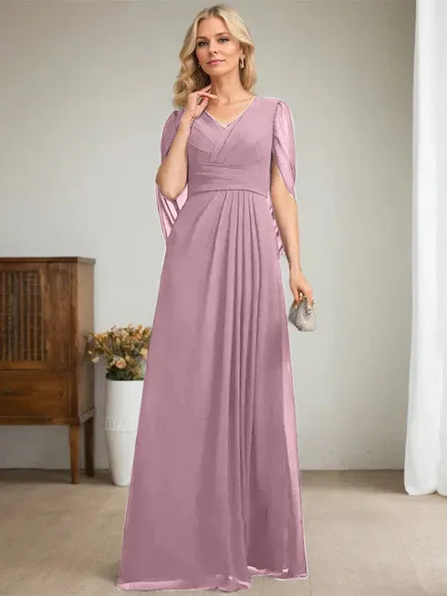 Dark Navy A-Line V-Neck Long Mother of the Bride Dress