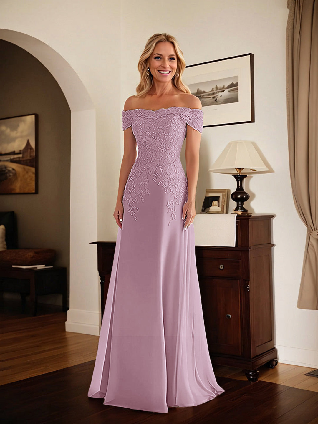 Elegant Taupe Off-the-Shoulder Lace Sheath Dress for Mother of the Bride