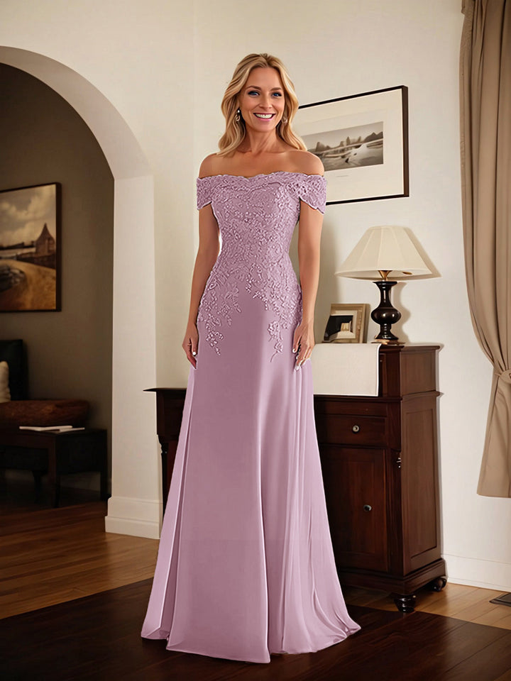 Elegant Taupe Off-the-Shoulder Lace Sheath Dress for Mother of the Bride