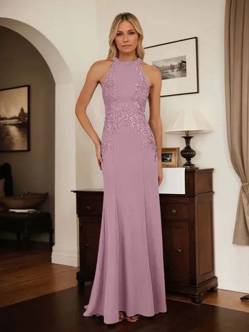 Dusty Blue Sheath Halter Mother of the Bride Dress with Appliqué Details