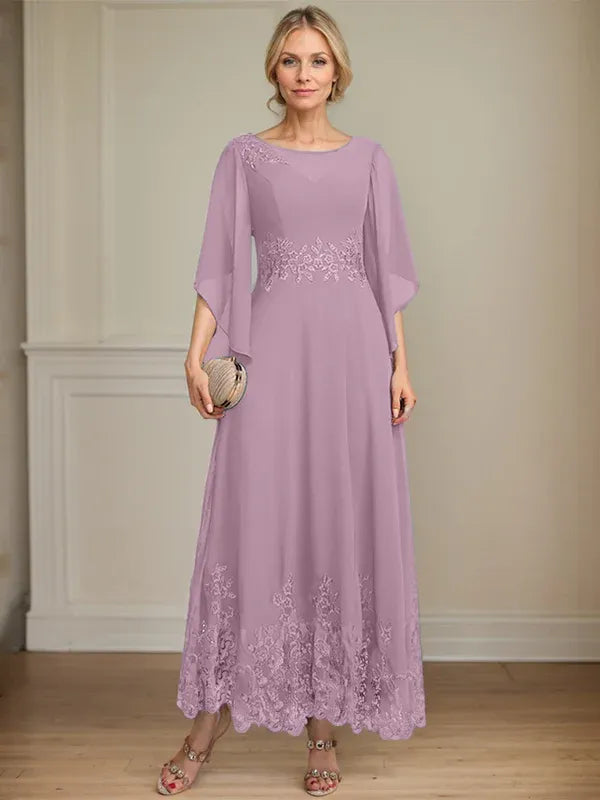 A-Line Scoop Neck Illusion Lace Chiffon Mother of the Bride Dress with Sequins and Ankle-Length Hem