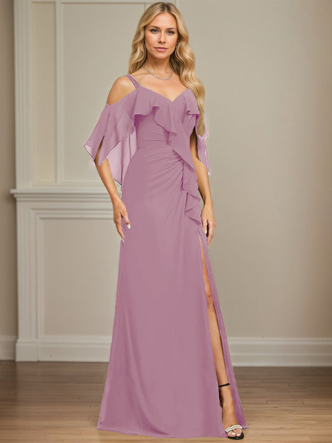 Sheath/Column Cold Shoulder V-Neck Floor-Length Chiffon Dress with Cascading Ruffles, Sequins, and Beading