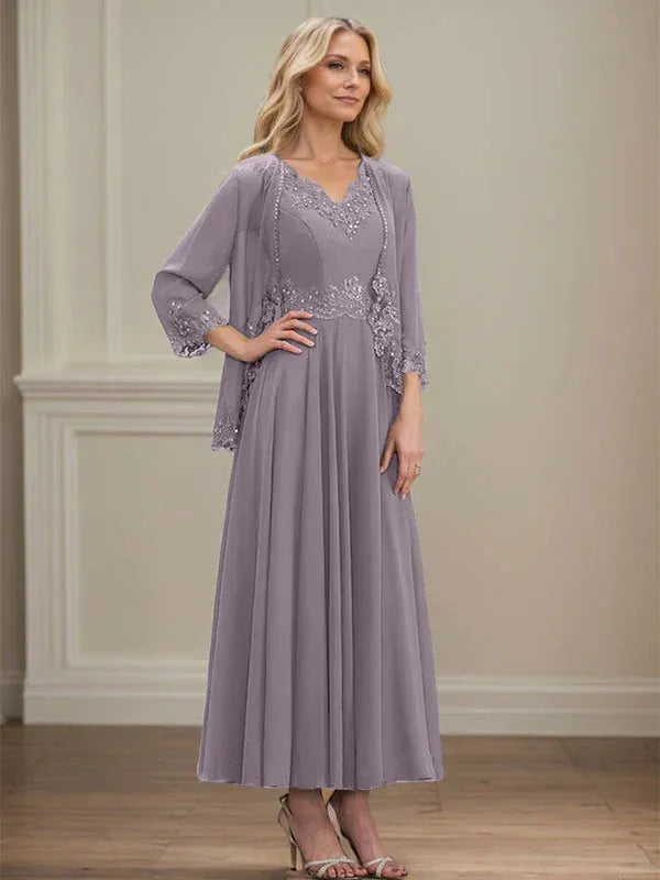 A-Line V-Neck Chiffon Mother of the Bride Dress with Sequins, Appliques, Lace, and Beading at Ankle Length