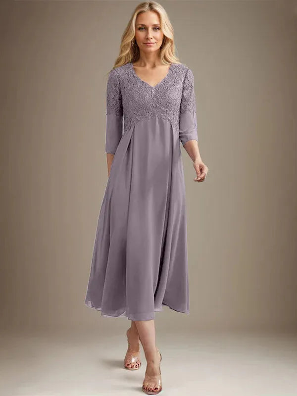 A-Line V-Neck Tea-Length Chiffon Lace Mother of the Bride Dress with Beading