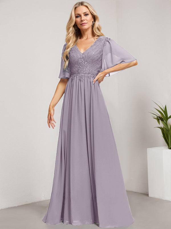 A-Line V-Neck Floor-Length Lace Chiffon Mother of the Bride Dress with Sequins