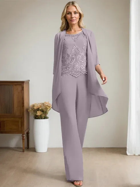 Floor-Length Chiffon Lace Mother of the Bride Jumpsuit/Pantsuit with Scoop Neck, Beading, and Sequins