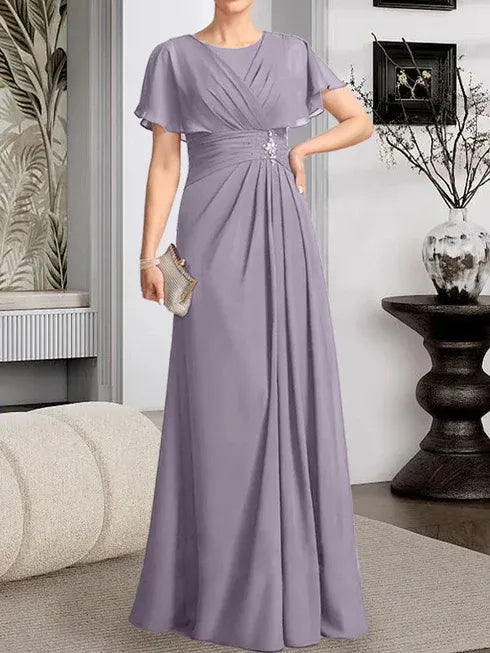 A-Line Scoop Neck Floor-Length Chiffon Mother of the Bride Dress with Pleated Beading