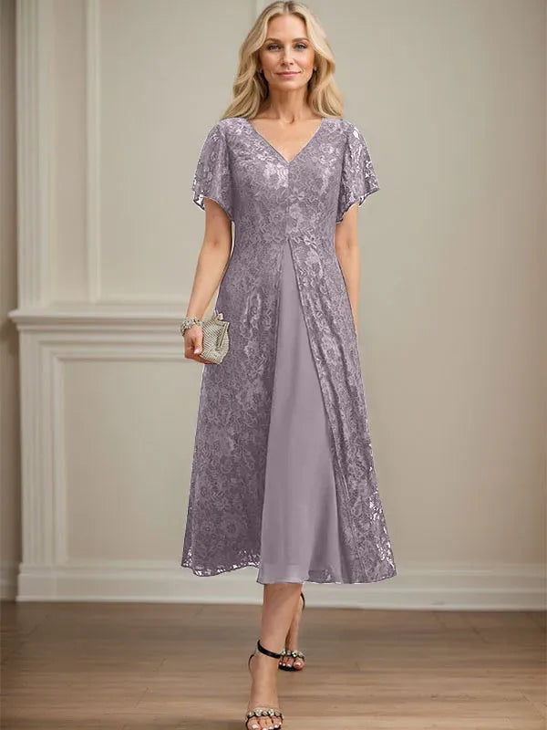 A-Line V-Neck Tea-Length Lace Chiffon Mother of the Bride Dress