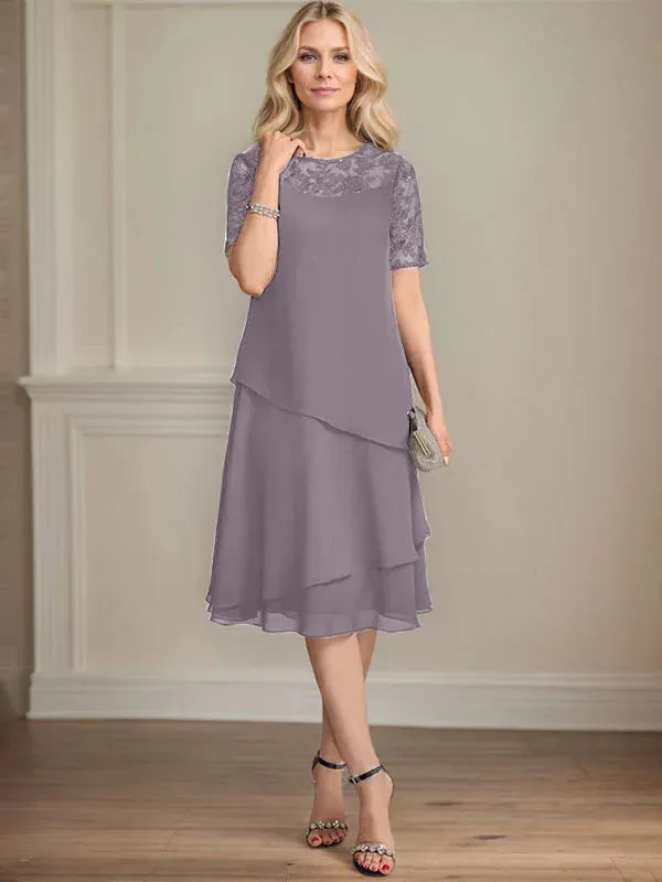 A-Line Scoop Neck Illusion Knee-Length Lace Chiffon Mother of the Bride Dress with Sequins