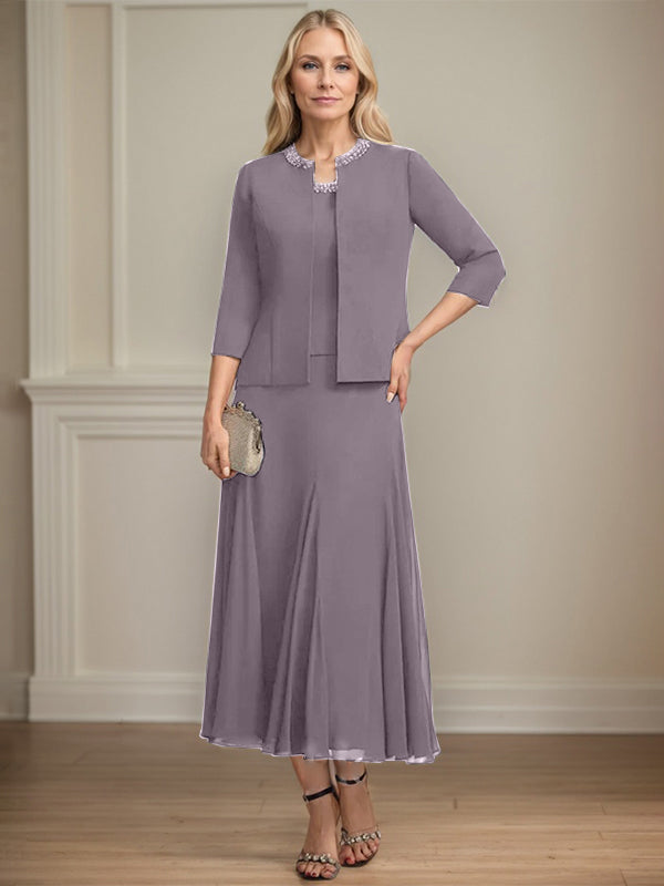 A-line Scoop Tea-Length Chiffon Mother of the Bride Dress with Sequins and Beading Separates