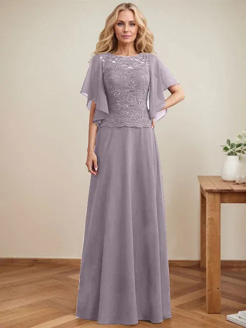 A-Line Scoop Neck Illusion Floor-Length Lace Chiffon Mother of the Bride Dress with Sequins