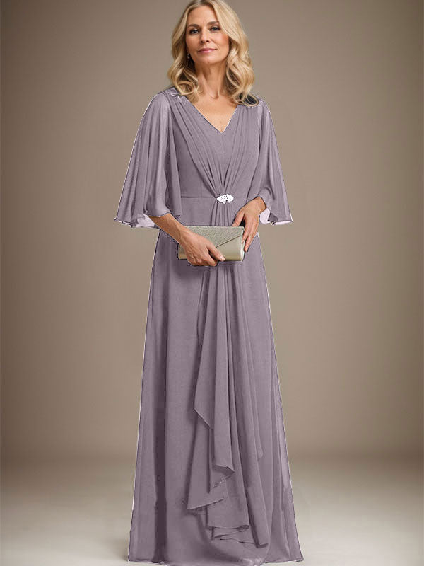 A-Line V-Neck Floor-Length Chiffon Mother of the Bride Dress with Cascading Ruffles and Crystal Brooch