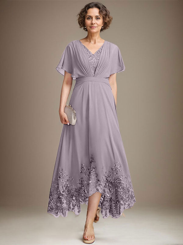 A-Line V-Neck Asymmetrical Lace Chiffon Mother of the Bride Dress with Pleats