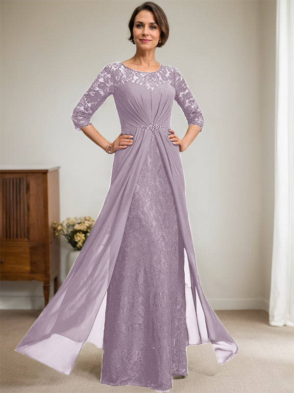 A-Line Scoop Neck Illusion Floor-Length Lace Chiffon Mother of the Bride Dress with Beaded Ruffles