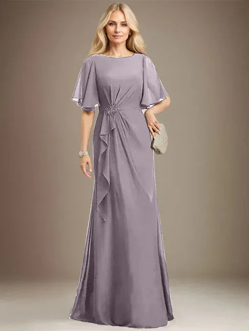 A-Line Scoop Floor-Length Chiffon Mother of the Bride Dress with Cascading Ruffles, Beading, and Sequins