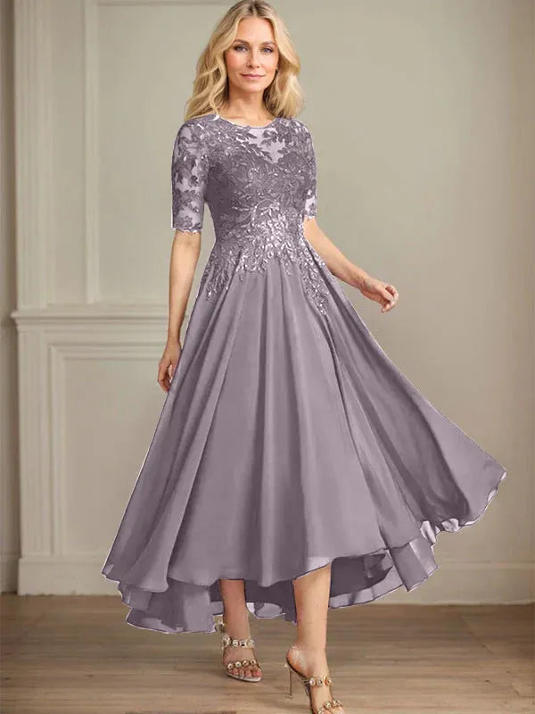 A-Line Scoop Neck Illusion Asymmetrical Chiffon and Lace Mother of the Bride Dress with Sequins