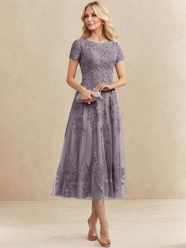 A-Line Scoop Neck Tea-Length Tulle Lace Mother of the Bride Dress
