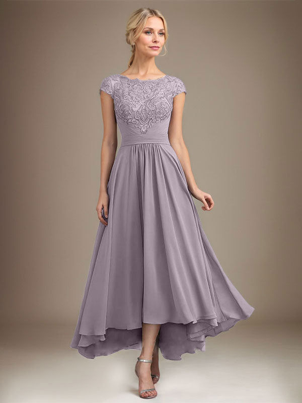 A-Line Scoop Neck Illusion Asymmetrical Lace Chiffon Mother of the Bride Dress with Pleats