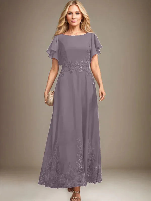 A-Line Scoop Neck Ankle-Length Lace and Chiffon Mother of the Bride Dress with Sequins