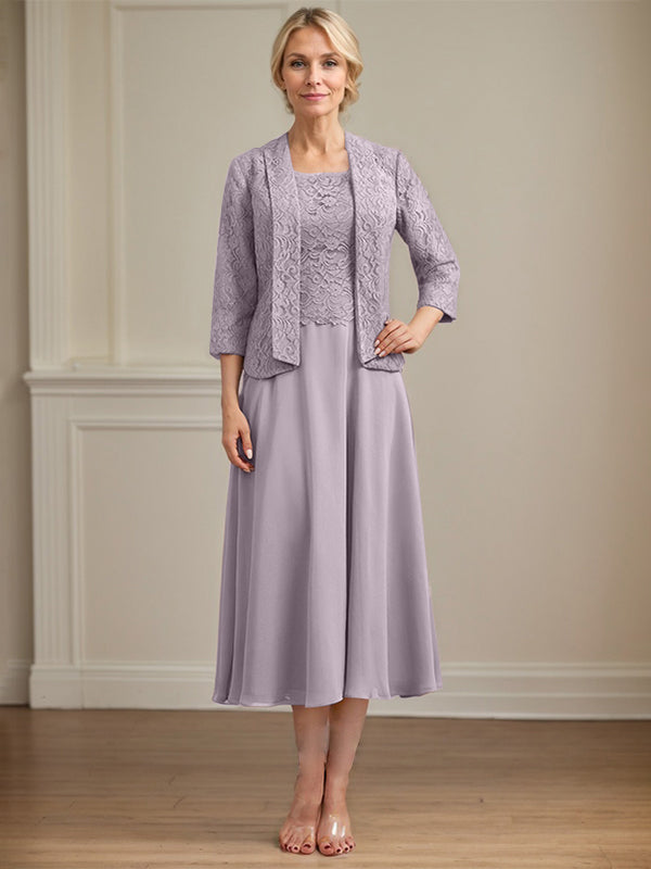 A-Line Scoop Neck Tea-Length Lace Chiffon Mother of the Bride Dress