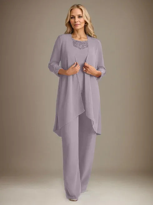 Chiffon Scoop Neck Long Sleeve Mother of the Bride Pantsuit with Jacket