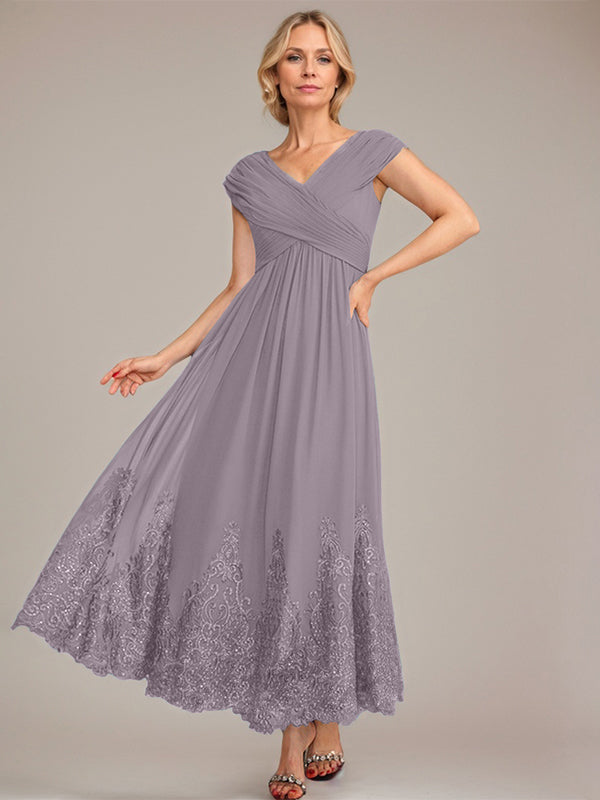 A-Line V-Neck Chiffon Mother of the Bride Dress with Appliqué and Sequins, Ankle-Length