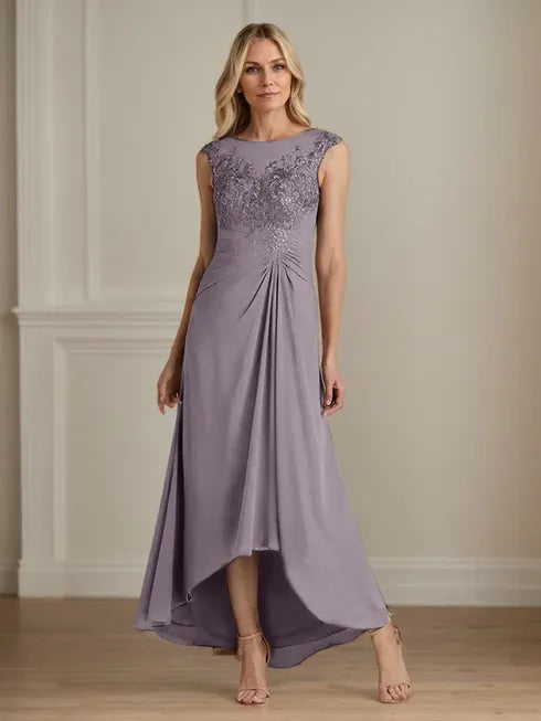 Champagne A-Line Lace and Chiffon Scoop Neck Dress