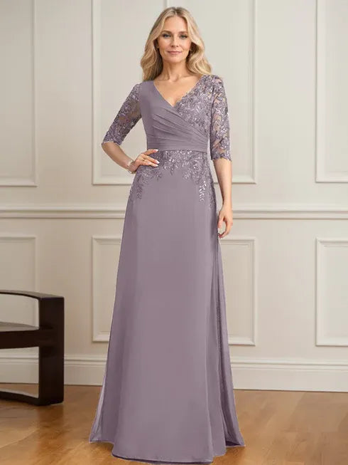 A-Line V-Neck Floor-Length Lace and Chiffon Mother of the Bride Dress with Pleated Sequins
