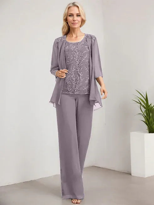 Floor-Length Lace Chiffon Mother of the Bride Jumpsuit/Pantsuit with Scoop Neck and Sequins