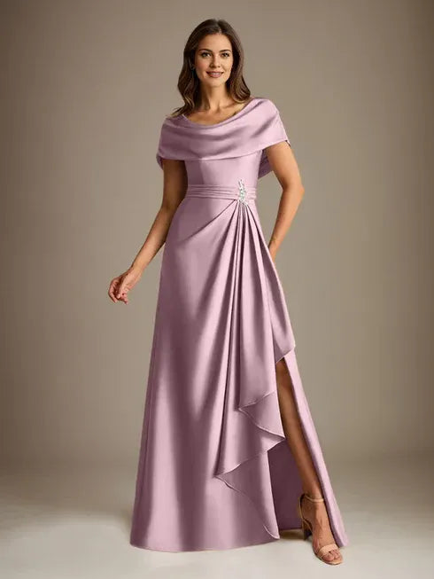 A-Line Scoop Neck Floor-Length Stretch Satin Mother of the Bride Dress with Cascading Ruffles
