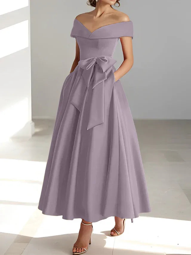 A-Line Off-the-Shoulder Sleeveless Ankle-Length Mother of the Bride Dress with Pockets