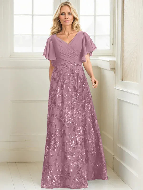 A-Line V-Neck Floor-Length Lace and Sequin Chiffon Mother of the Bride Dress with Pleats