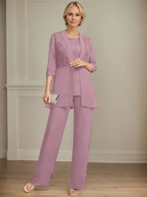 Floor-Length Chiffon Lace Jumpsuit and Pantsuit Separates with Sequins – Perfect Mother of the Bride Dress