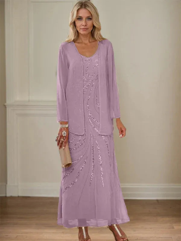 V-Neck Sheath/Mother of the Bride Ankle-Length Dress with Jacket & Sequins