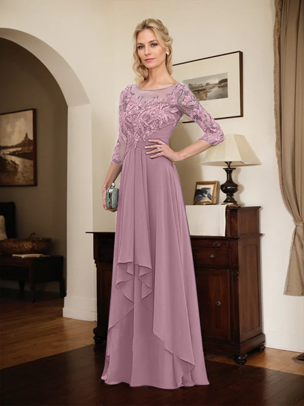 A-Line Scoop Neck Illusion Floor-Length Lace Chiffon Mother of the Bride Dress with Cascading Ruffles