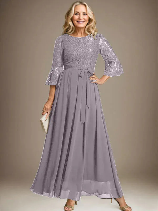 A-Line Scoop Neck Ankle-Length Lace Chiffon Mother of the Bride Dress with Bow