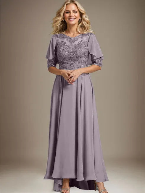 A-Line Scoop Neck Illusion Asymmetrical Chiffon and Lace Mother of the Bride Dress with Beading