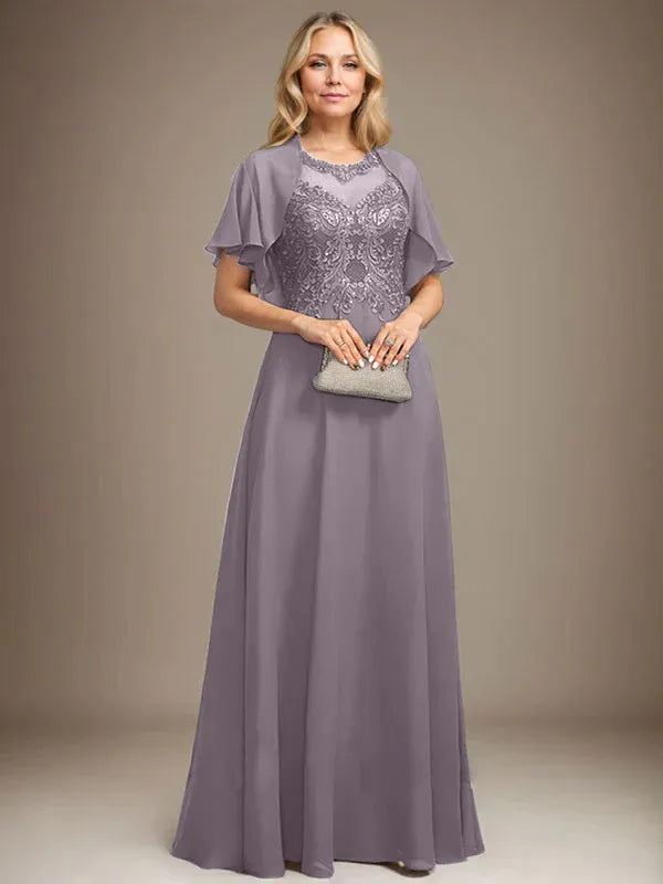 A-Line Scoop Neck Illusion Floor-Length Lace Chiffon Mother of the Bride Dress with Sequins