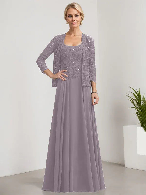 A-Line Square Neck Floor-Length Lace and Chiffon Mother of the Bride Dress with Sequins
