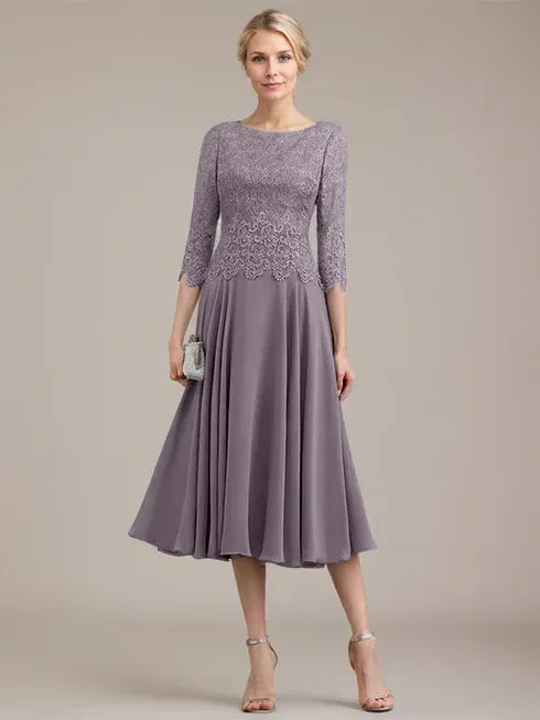 A-Line Scoop Neck Tea-Length Lace Chiffon Mother of the Bride Dress