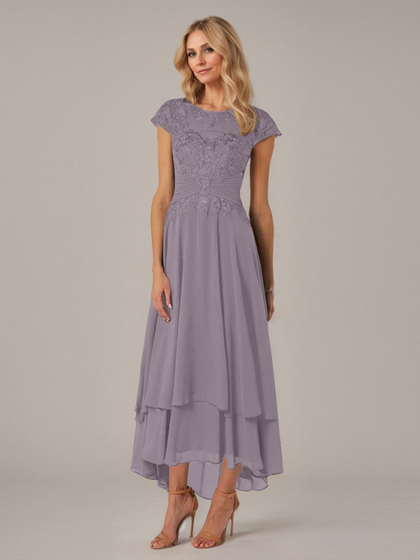 A-Line Boat Neck Illusion Asymmetrical Chiffon Lace Mother of the Bride Dress with Applique and Pleats