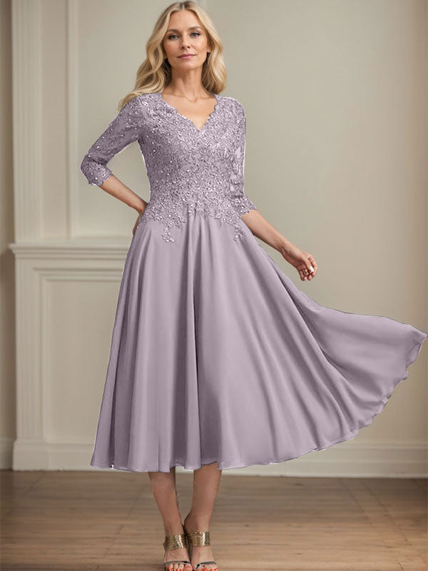 A-Line V-Neck Tea-Length Chiffon and Lace Mother of the Bride Dress with Beading and Sequins