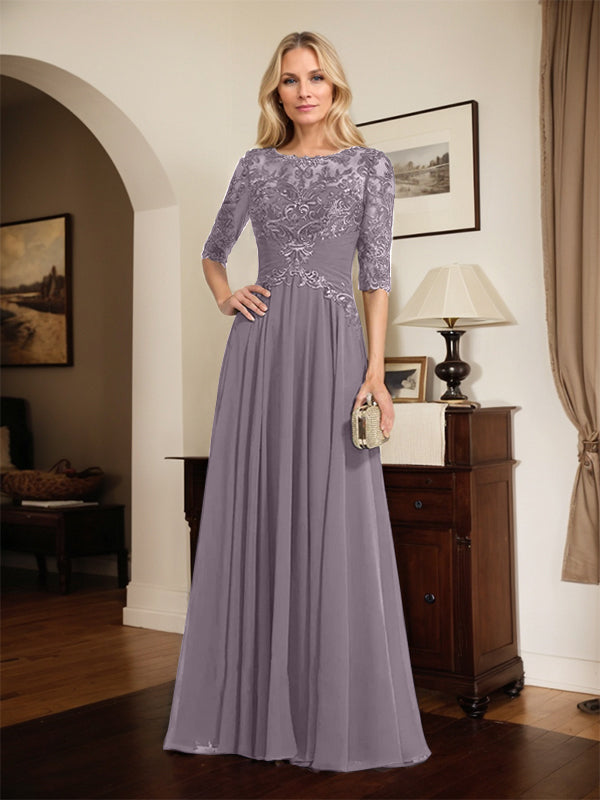 A-Line Scoop Neck Illusion Floor-Length Chiffon and Lace Mother of the Bride Dress with Pleated Sequins