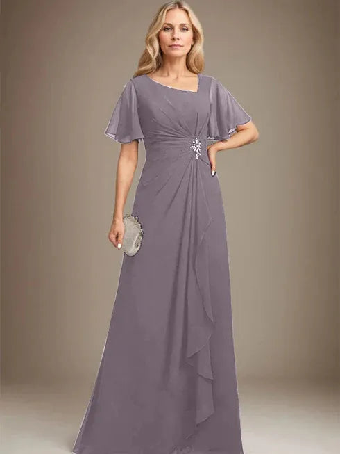 A-Line Asymmetrical Floor-Length Chiffon Mother of the Bride Dress with Pleated Beading and Sequins